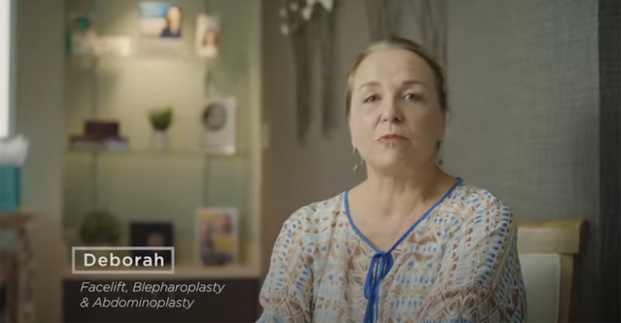 Woman speaking about facelift, blepharoplaaty, and abdominoplasty experience